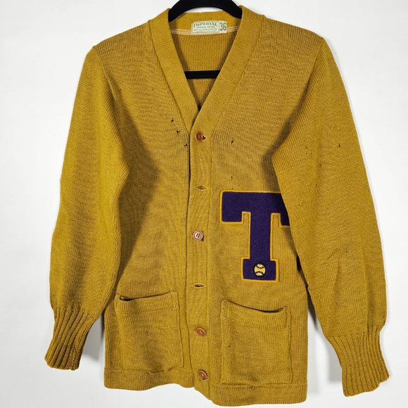 Vintage Imperial Official Award Wool Worsted Distressed Mens 36 Cardigan Sweater - Picture 1 of 9